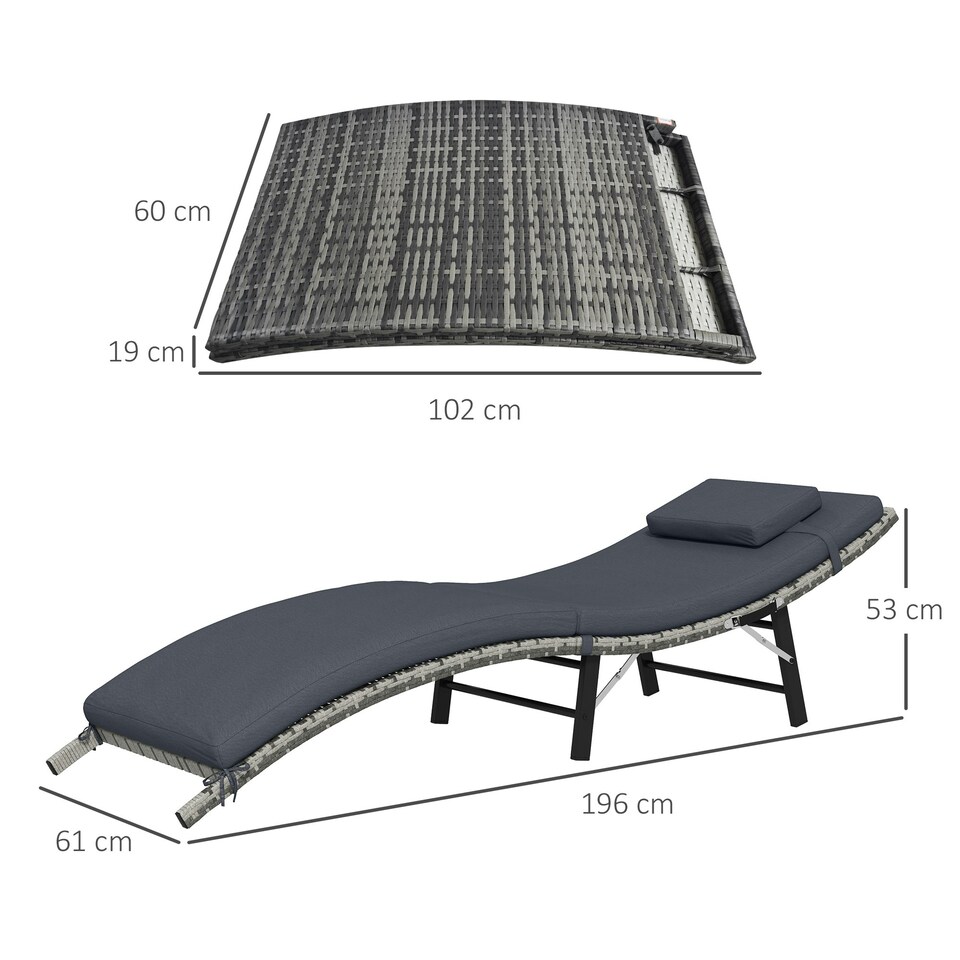 image 1 of Outsunny Folding Rattan Sun Lounger Outdoor Chair with Cushion, Grey