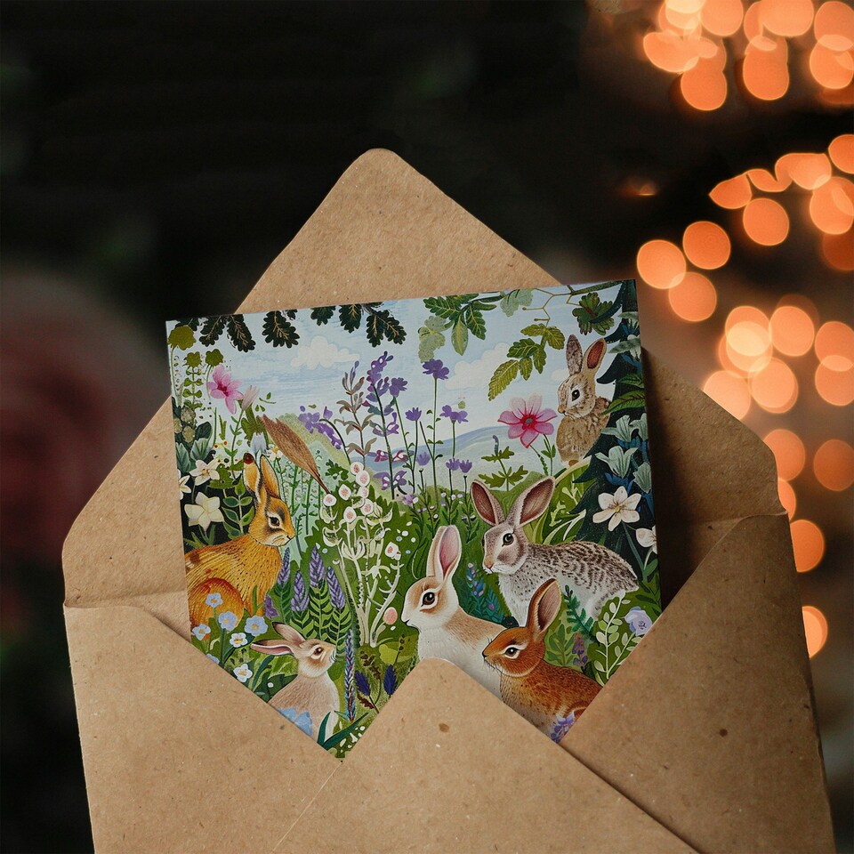 image 1 of Hoppy Cute Bunny Rabbits Flower Meadow Woman Easter Her Card