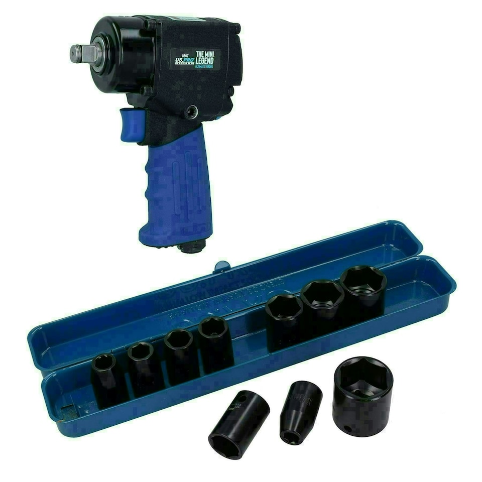 image 1 of 1/2" Drive Mini Air Impact Wrench Gun 680nm + Shallow Impact Sockets 9 - 27mm