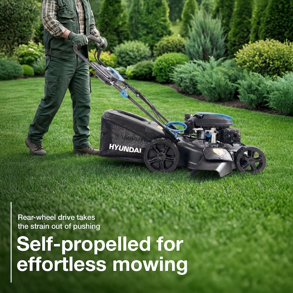 image 1 of Hyundai Cordless 20 Inch 51cm Self-Propelled Petrol Lawnmower, Electric Start, 196cc HYM20200SPEX