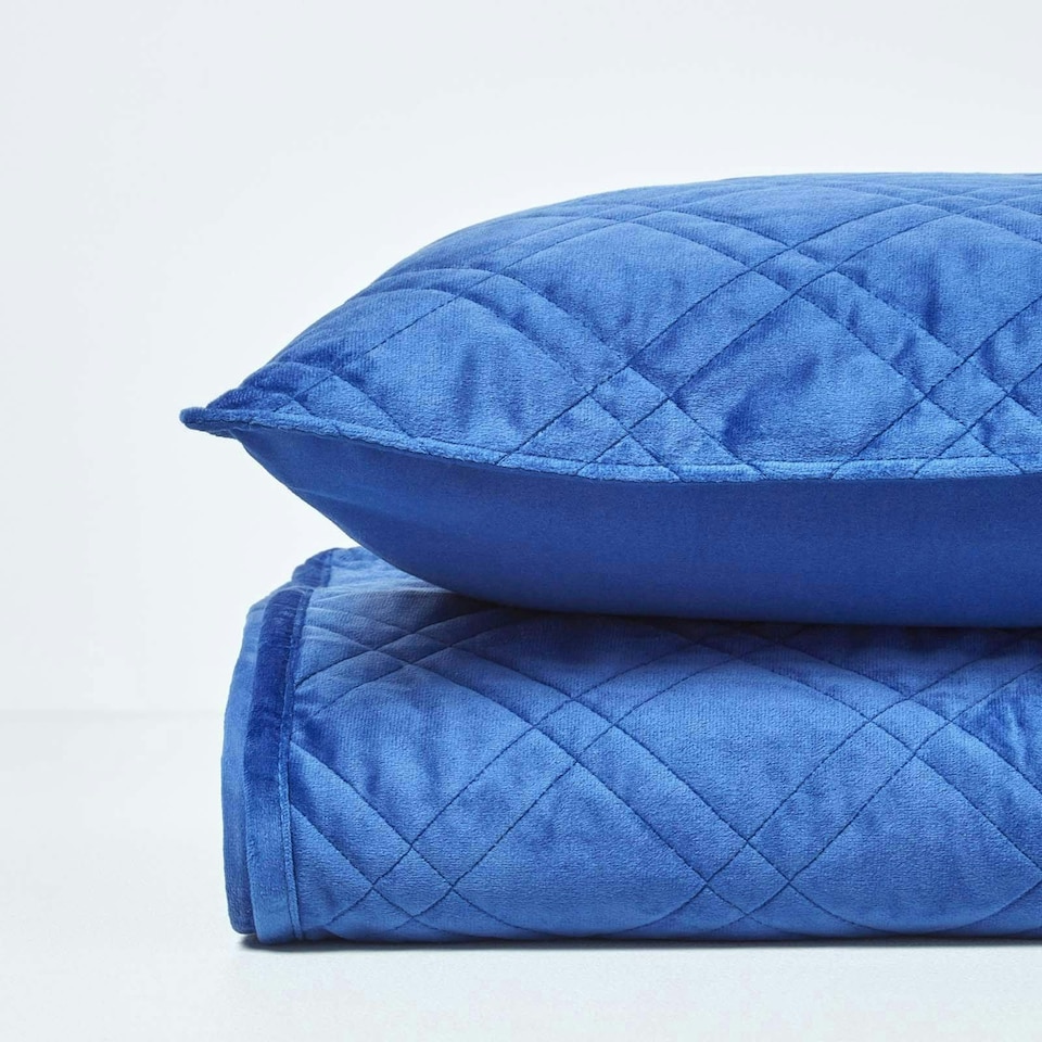 image 1 of Homescapes Navy Blue Paragon Diamond Geometric Velvet Bedspread - 200 x 200 cm | Blue | 1