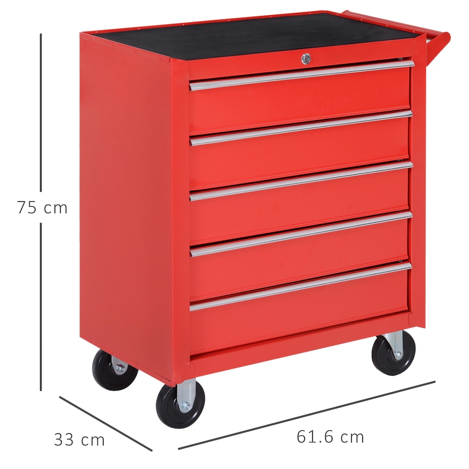 image 1 of DURHAND 5-Drawer Lockable Tool Storage Cabinet with Wheels, Handle, 2 Keys, Steel Home Work DIY Workshop Chest, Garage Equipment Trolley, Red