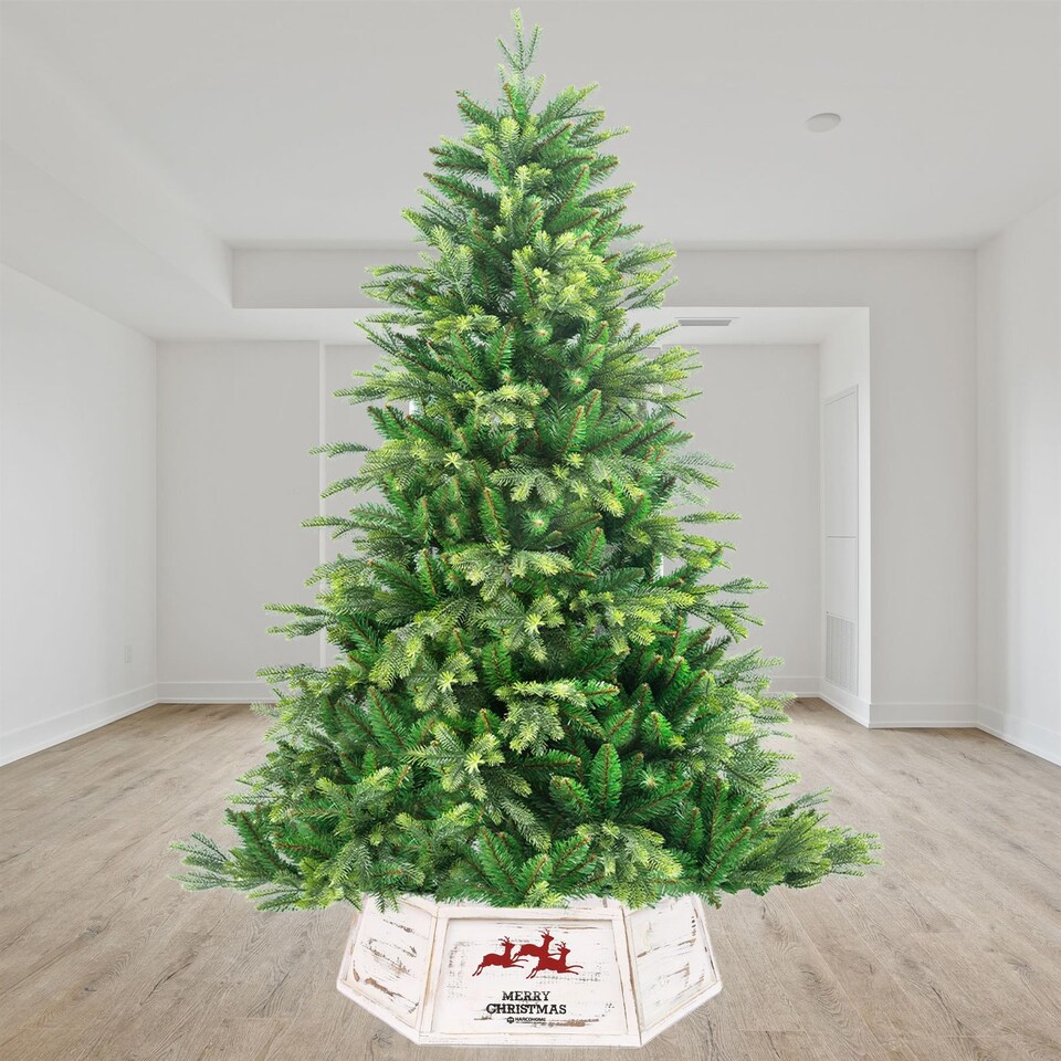 image 1 of 31.5 Inch Wooden Hexagon Christmas Tree Collar in Distressed White Finish