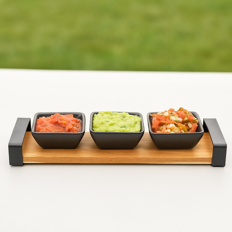 image 1 of 4 Pcs Serving Set Black Ceramic Snack Dips Tapas Bowls Dishes Acacia Wood Board