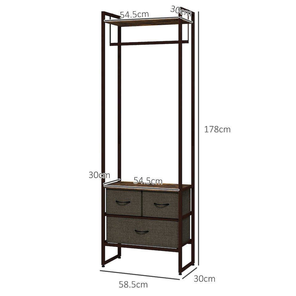 image 1 of HOMCOM Clothes Hanging Rail with 3 Fabric Drawers Storage Shelves for Hallway