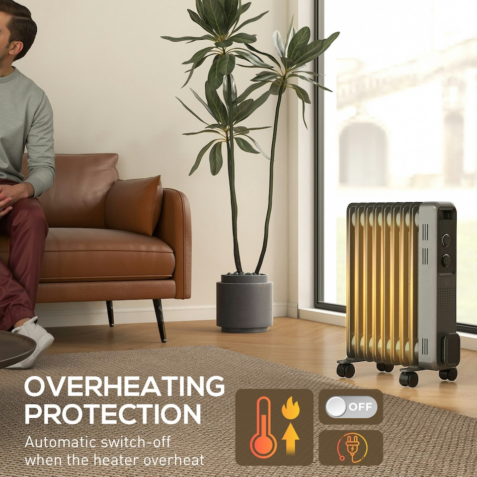 image 1 of HOMCOM Oil Filled Radiator Portable Heater W/ 9 Fin, 3 Heat Settings Grey