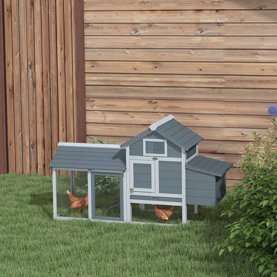 image 1 of PawHut Chicken Coop Hen Cage Small Animal Hutch Nesting Box Outdoor Run Grey