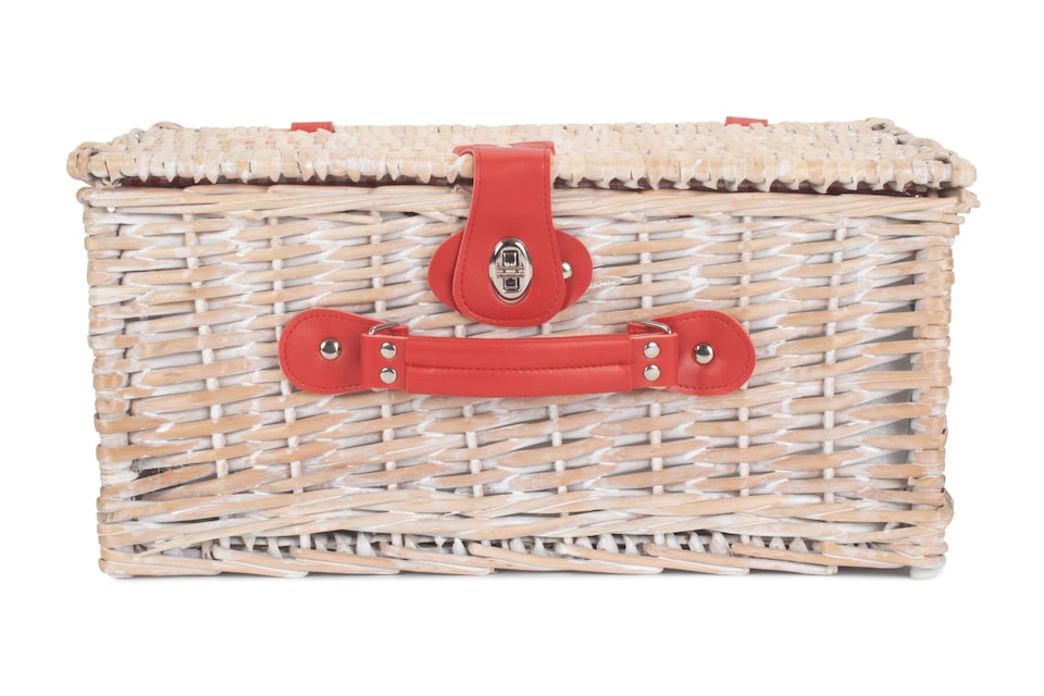 image 1 of Red and White Gingham 2 Person Fitted Wicker Picnic Basket