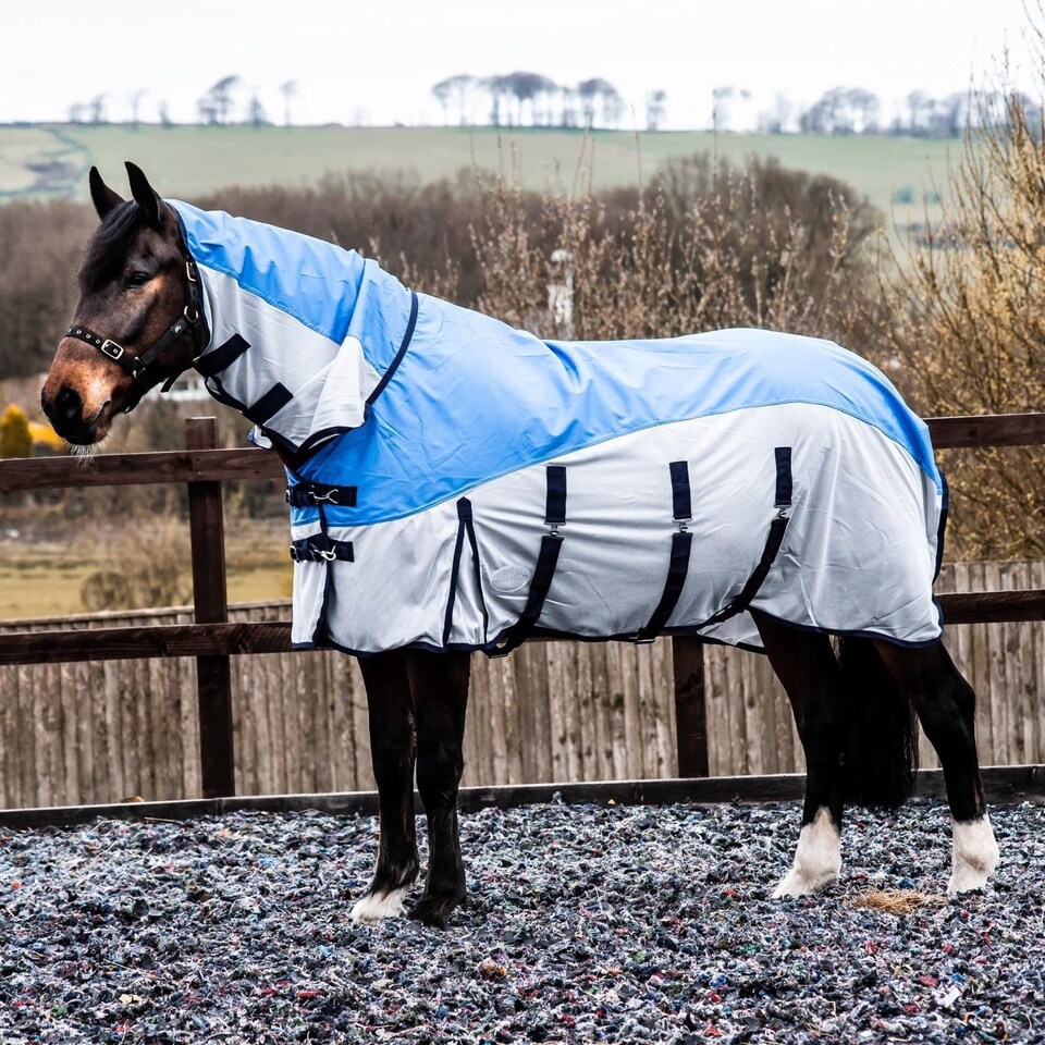 image 1 of eQuitack 600D 2 in 1 Waterproof Fly Turnout Mesh Horse Rug Fixed Neck Blue/Grey 6'3''
