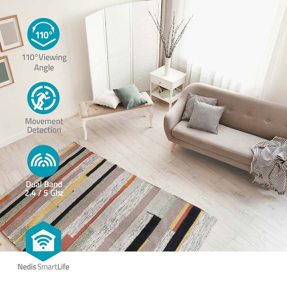 image 1 of NEDIS Smart Indoor Camera, Wi-Fi, 3MP Full HD, Baby & Pet Monitor with Motion & Sound Detection, Night Vision, 110 Degree View, 2-Way Audio, Compatible with Alexa & Google Assistant - White