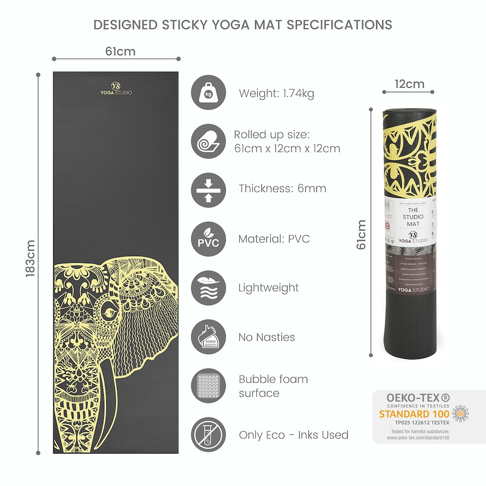 image 1 of Yoga Studio Designed Sticky Yoga Mat 6mm - Grey Yellow Elephant | Multi | Grey Yellow Elephant | 183cm x 61cm x 6mm