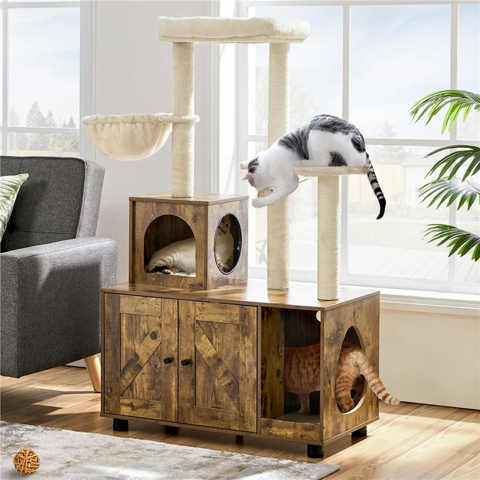 image 1 of Yaheetech Litter Box Enclosure with Cat Tree Tower Brown | Rustic Brown/Beige | One Size