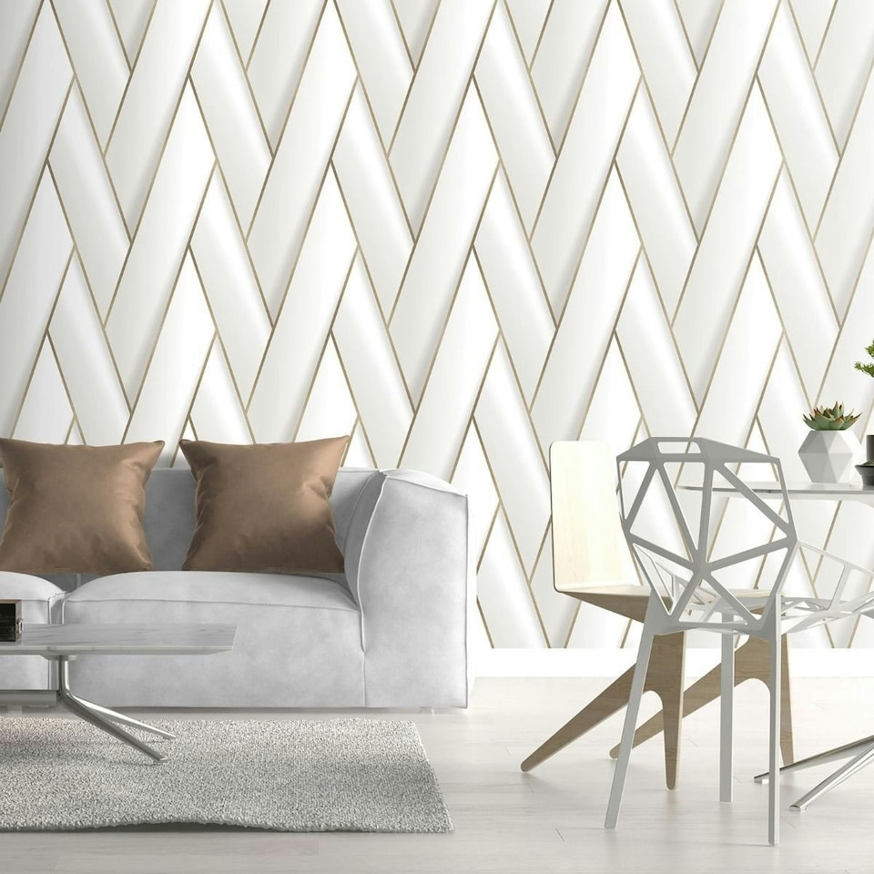image 1 of Debona Armando Herringbone Wallpaper - White/Gold - 10m x 53cm | White