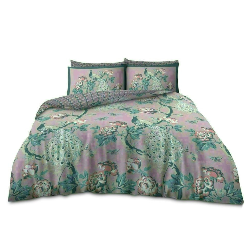 image 1 of Floral Peacock Printed Duvet Cover Set Reversible Polycotton Beddings Pink | Double