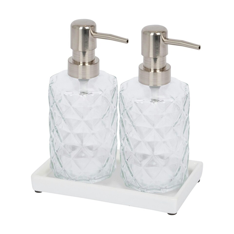 image 1 of Harbour Housewares 2pc Prism Glass Soap Dispenser Set with Ceramic Tray - 330ml