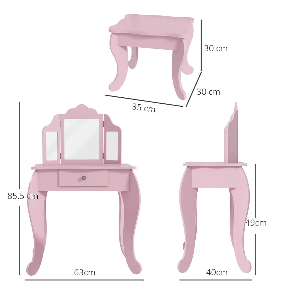 image 1 of HOMCOM Makeup Dressing Table Set with Tri-Folding Mirror and Drawer, Pink Pink