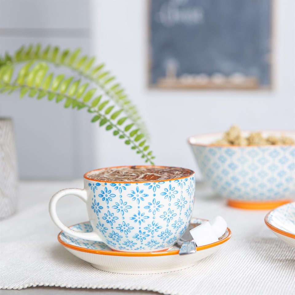 image 1 of Nicola Spring 12 Piece Hand-Printed Cappuccino Cup & Saucer Set - 250ml - Blue