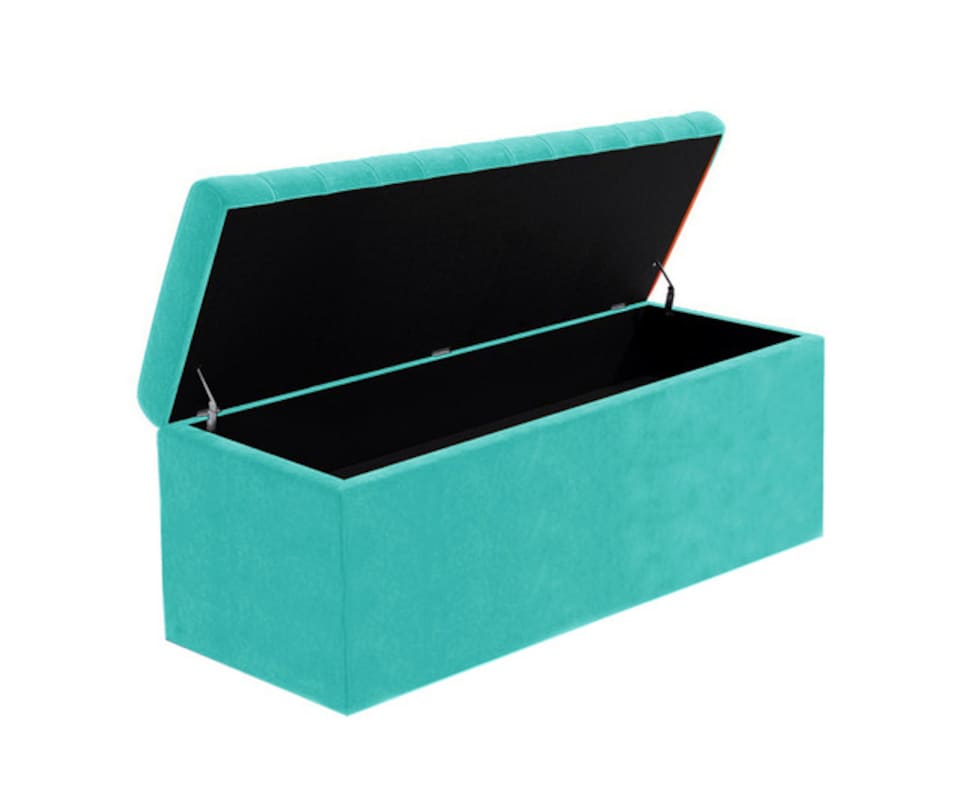 image 1 of 150cm Safar Large Striped Storage Ottoman Box, Teal Plush Velvet Upholstered Deep Storage Ottoman End of Bed Bench