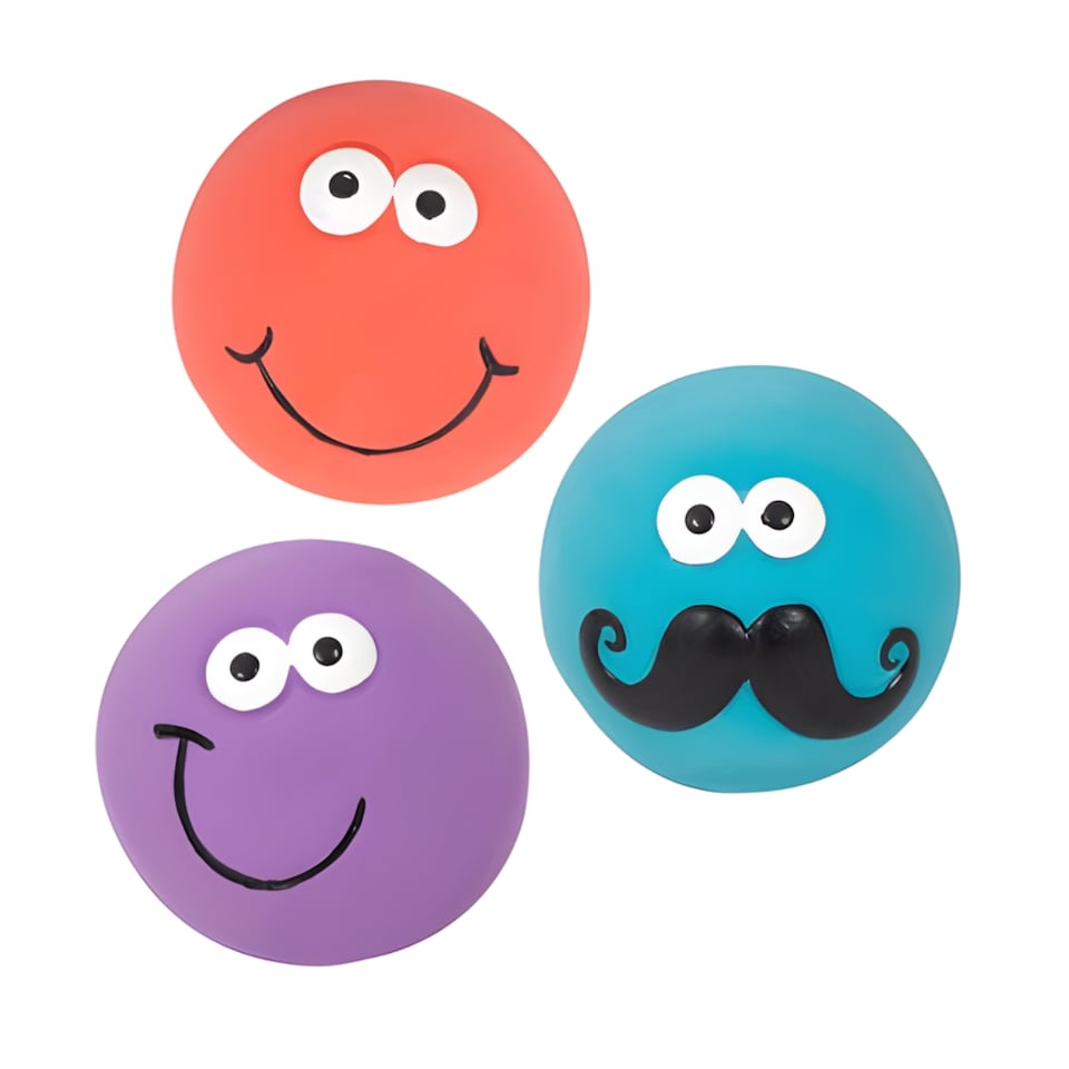 image 1 of Set of 3 Squeaky Dog Balls Latex Pet Puppy Fetch Play Chew Smiley Face Design