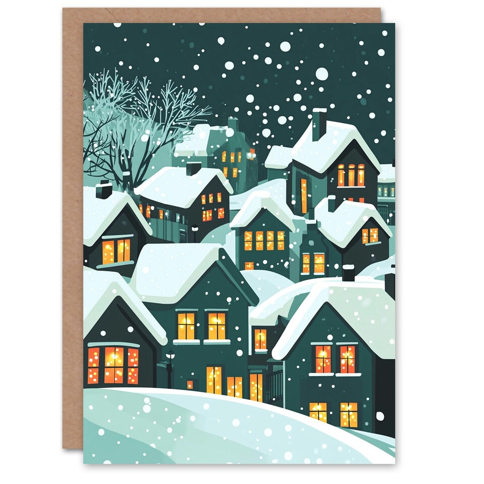 image 1 of Winter Snow Houses Glowing Windows Blank For Him Or Her Art Xmas Festive Christmas Card
