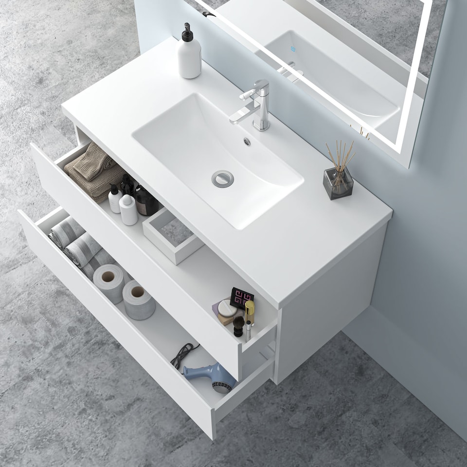 image 1 of AICA 1000mm Wall Mounted Bathroom Vanity Unit With Artificial Stone Basin,2 Soft Close Drawers for Storage,White,Flat packed