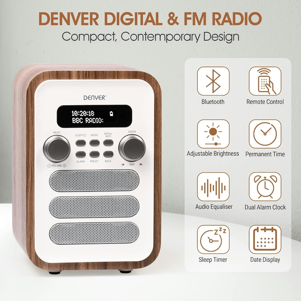 image 1 of Denver DAB-48 Bluetooth DAB Radio - Large Remote Control - DAB/DAB+ Digital Radio Mains Powered – DAB Bluetooth Radio Speaker – DAB Alarm Clock