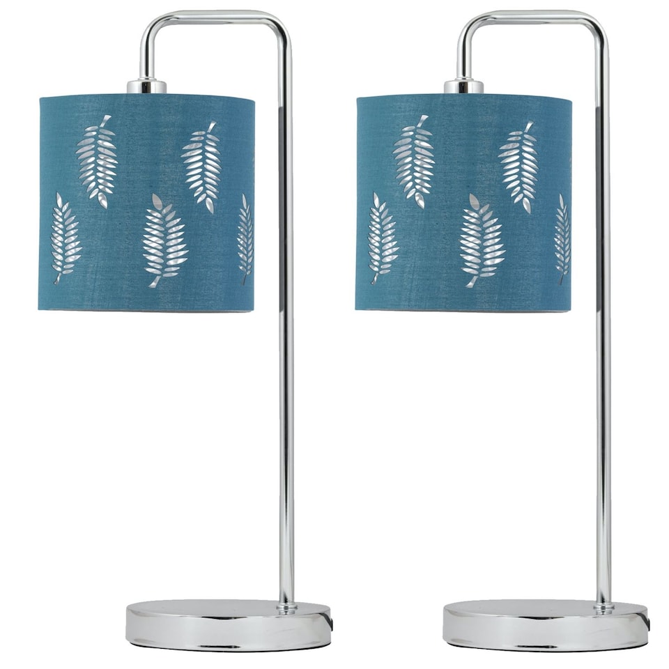 image 1 of Set of 2 Arched Table Lamps with Teal Fern Cut Out Shades | Chrome | Green | Large | 2