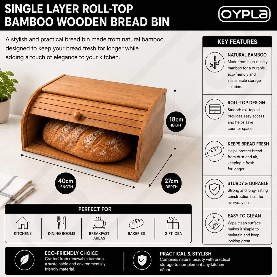 image 1 of Single Layer Roll Top Bamboo Wooden Bread Bin Kitchen Storage | Brown