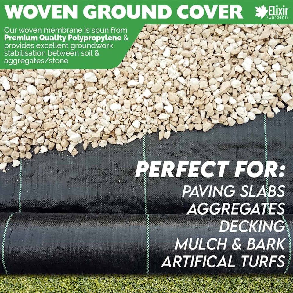 image 1 of Elixir Gardens 1m Wide Woven Weed Control Landscape Fabric/Membrane + 2 Pegs per M (1m x 50m + 100 pegs)