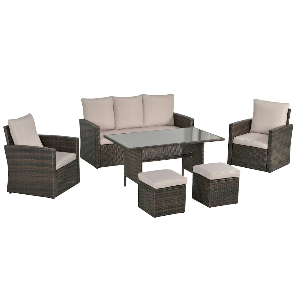 image 1 of Outsunny 6 PCS Outdoor Rattan Sofa Furniture Sets with Footstool Cushions Brown