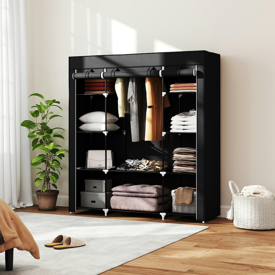 image 1 of HOMCOM Fabric Wardrobe with 10 Shelves 1 Hanging Rail Foldable Closets Black