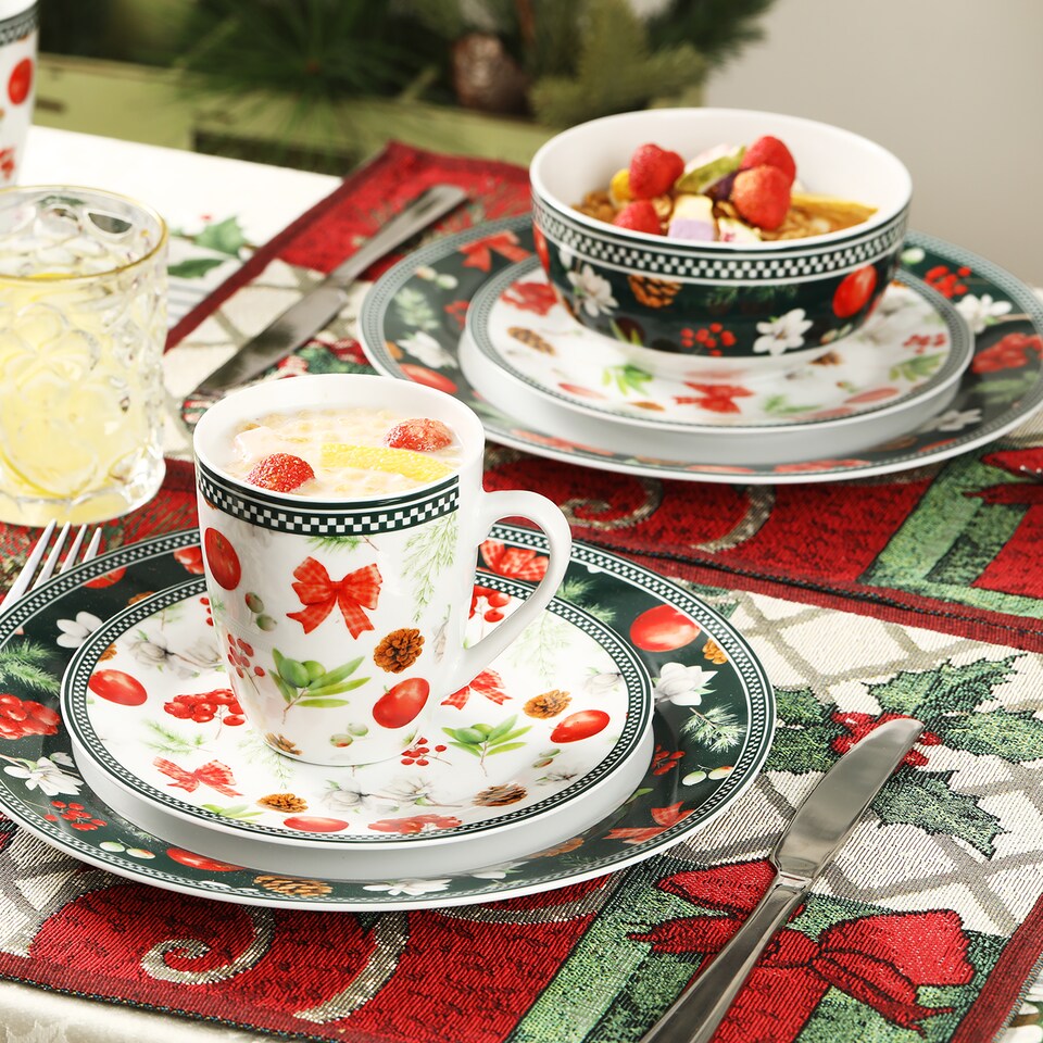 image 1 of simpa 18PC Christmas Flora Orchard Ceramic Dinner Set.