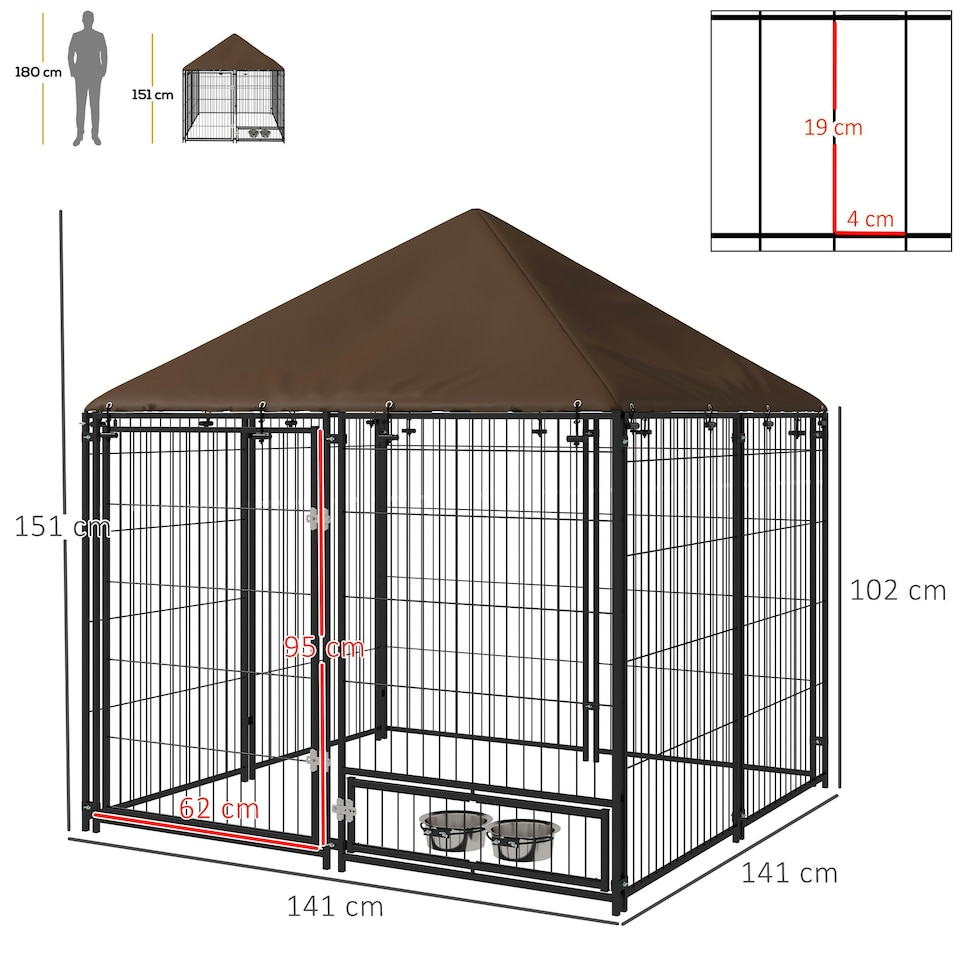 image 1 of PawHut Outdoor Dog House Kennel with Canopy Top & Lock Rotating Bowl Holder