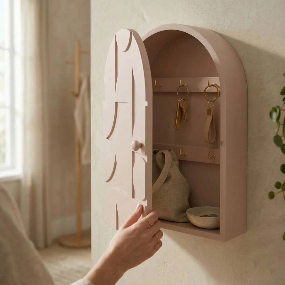 image 1 of Wall Mounted Key Cabinet Holder Box Wooden Storage With Hooks Organizer | Pink | Pink | 1
