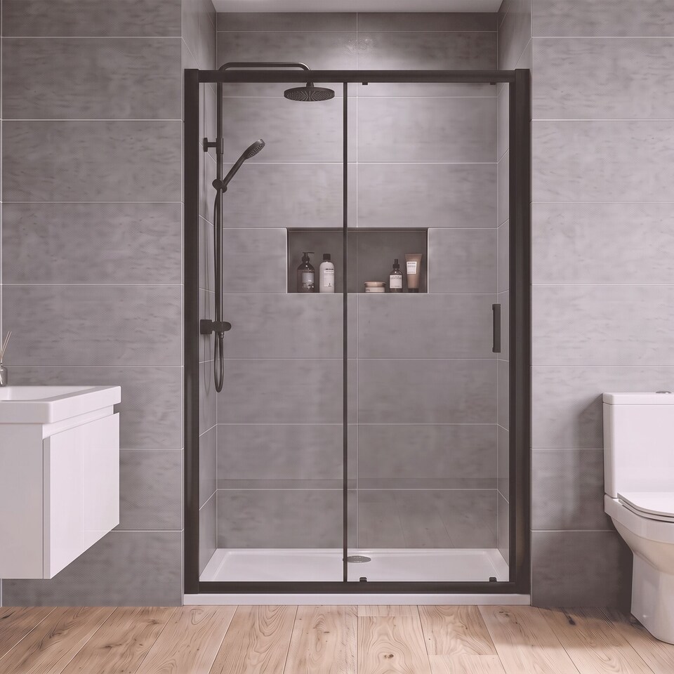 image 1 of Balterley Toughened Safety Glass Reversible Sliding Shower Door | Black | Matt Black | 1