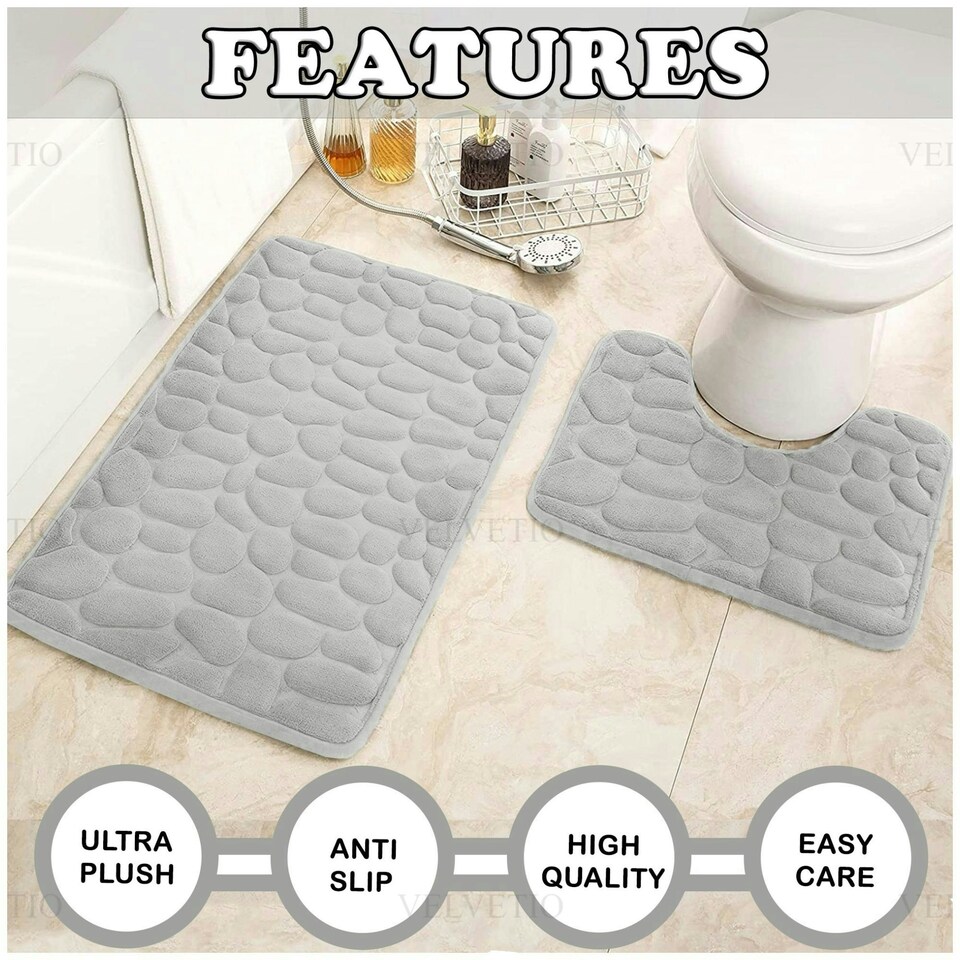 image 1 of VELVETIO 2Pc Pebble Bath Mat Set Memory Foam Bathroom Toilet Rugs Silver