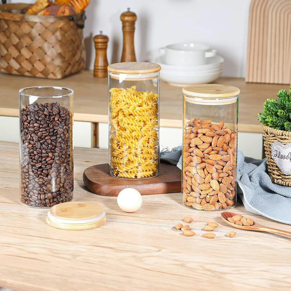 image 1 of Set of 3 1200ml Clear Cylinder Spaghetti Glass Storage Jars