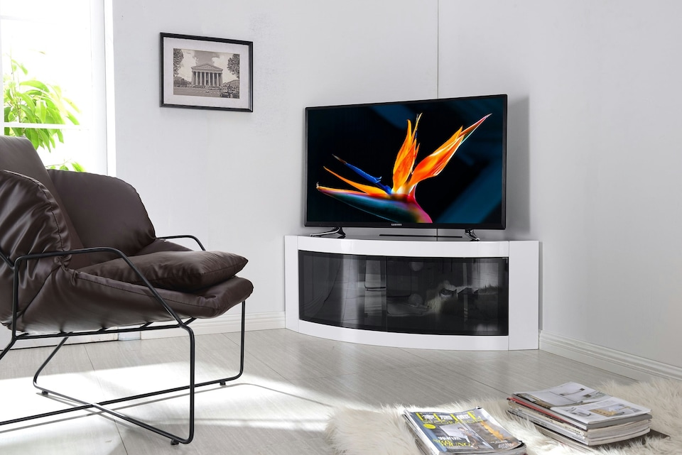 image 1 of Centurion Supports PANGEA Gloss White Beam-Thru Curved Tru-Corner 32”-50” TV Cabinet | Black | White | 1