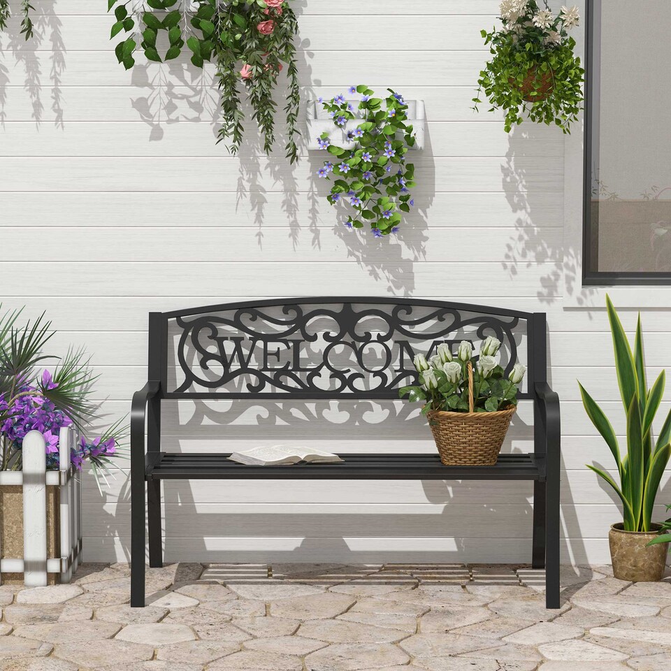 image 1 of Outsunny Garden Bench, Metal Outdoor Bench Seat, 2 Seater Patio Loveseat with Welcome Backrest, Armrests and Slatted Seat, 240 KG Capacity for Park, Porch, Black