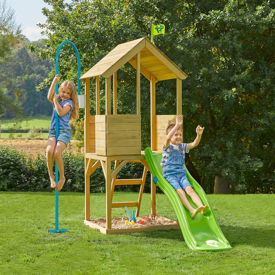 image 1 of Treehouse Wooden Play Tower, with Wavy Slide & Firemans Pole - FSC® certified