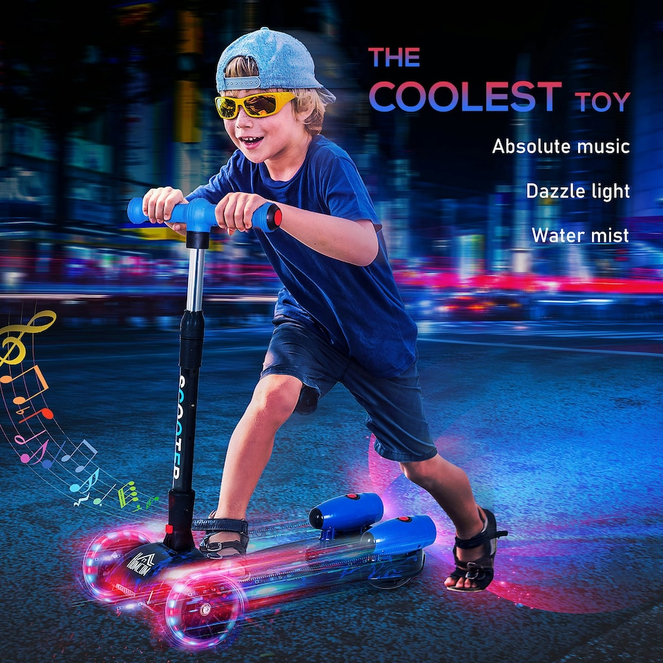 image 1 of HOMCOM Child 3-Wheel Scooter Light Music Water Spray Rechargeable 3-6 Yrs Blue