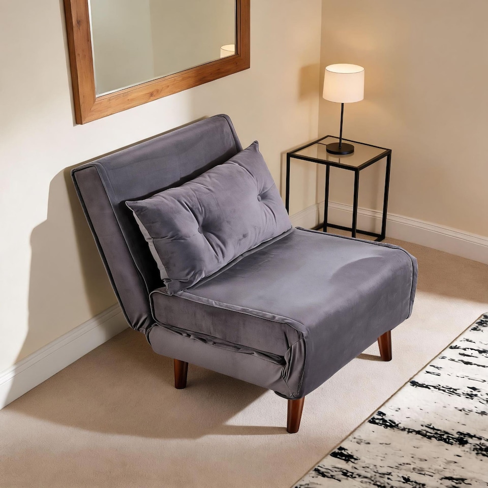 image 1 of Single Sofa Bed Folding Chair Velvet Wooden Legs One Pillow | Grey | One Size