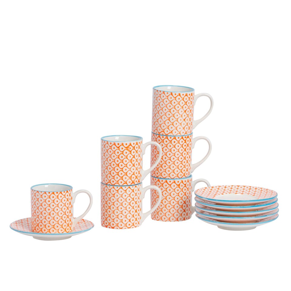 image 1 of Nicola Spring 12 Piece Hand-Printed Espresso Cup & Saucer Set - 65ml - Orange | Orange | Orange | 12