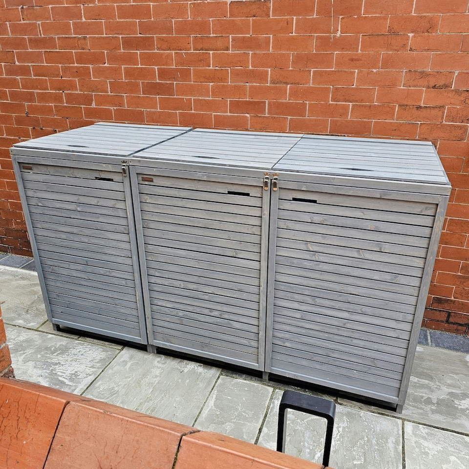 image 1 of 2.03m x 1.14m Large Grey Wooden Outdoor Garden Triple Wheelie Bin Store Storage for 3 Bins with Back Panels