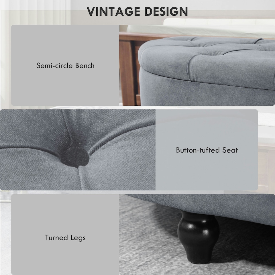 image 1 of HOMCOM Semi-Circle Storage Ottoman Bench Tufted Upholstered Grey