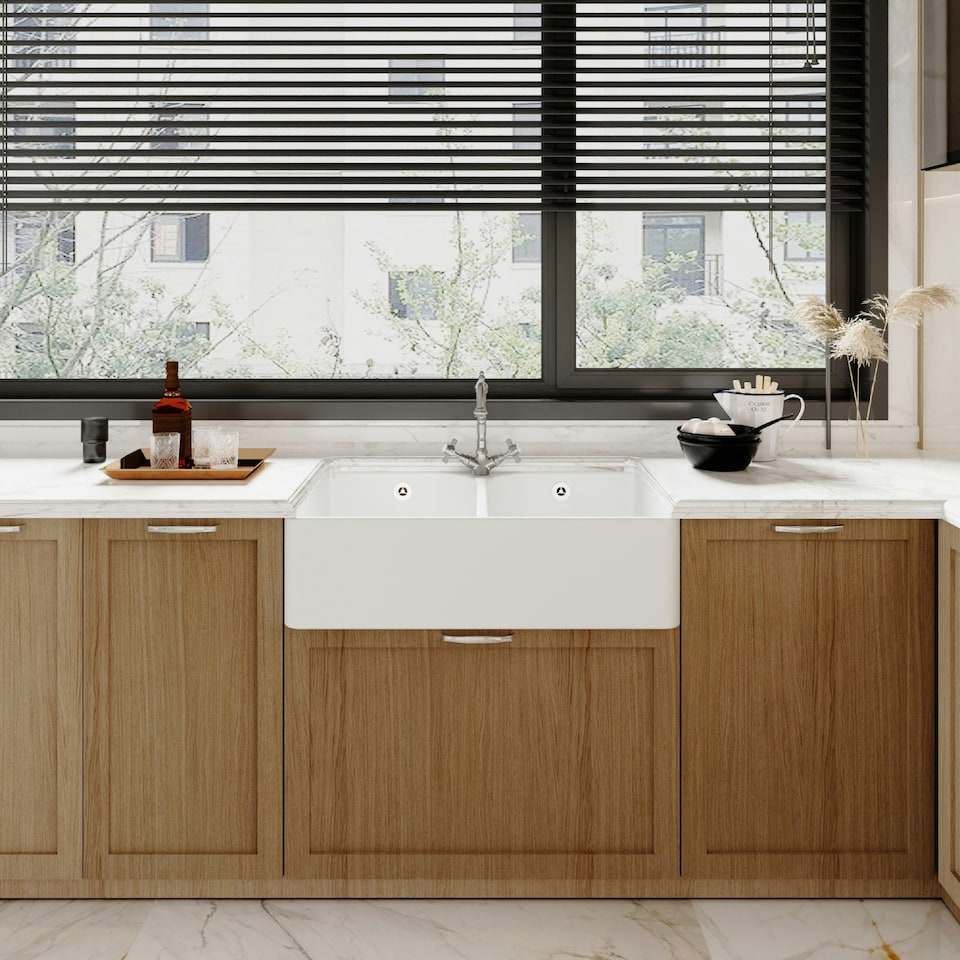 image 1 of 795mm - Double Bowl Fireclay Butler Kitchen Sink -  Tap Hole, Weir & Waste