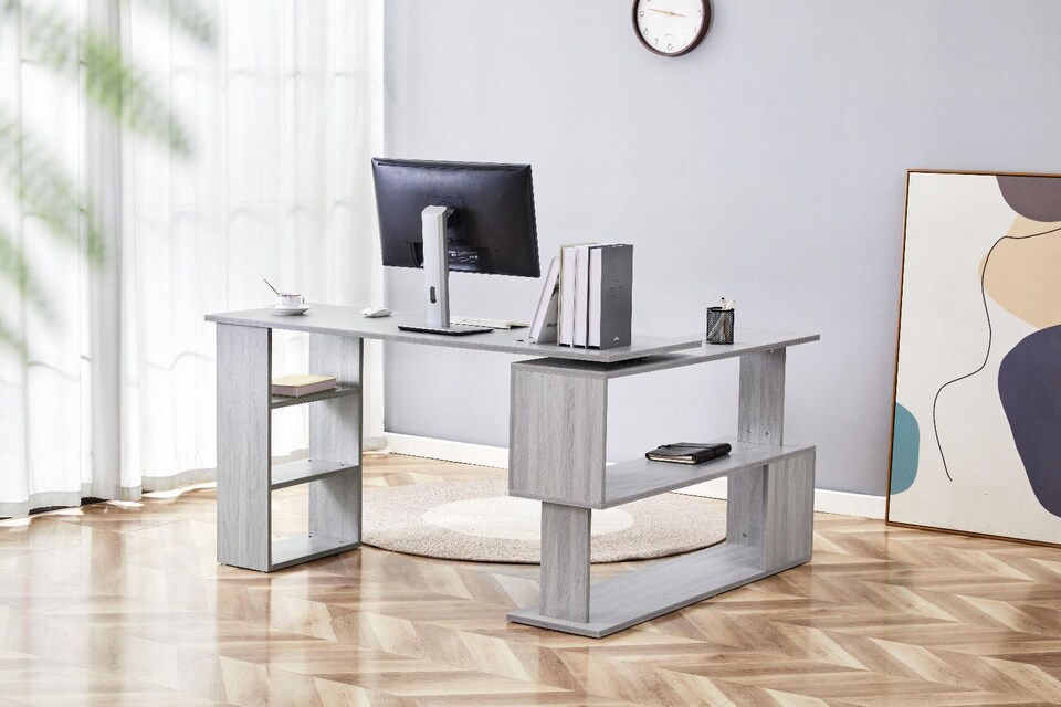 image 1 of Grey Office Desk L-Shaped with Storage Shelves Wooden Room Furniture for Home, Study, and Office
