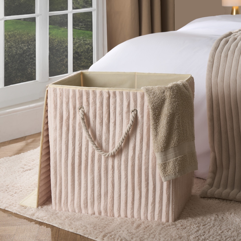 image 1 of OHS Ribbed Faux Fur Folding Laundry Basket Bag with Lid