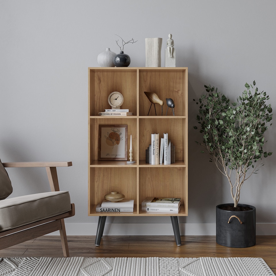 image 1 of 6-Cube Shelving Unit With Legs | Brown | Oak & Black | 1