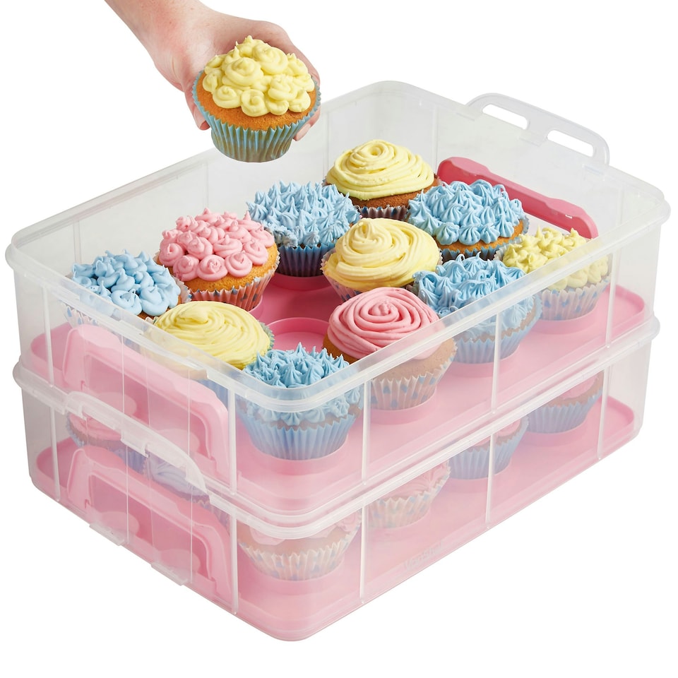 image 1 of VonShef Pink Cupcake Carrier w/ Handle 3 Tier Up to 36 Cakes